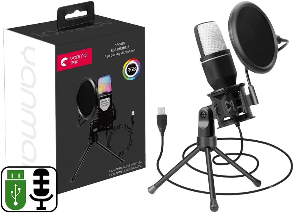 MICROFONO YANMAI SF-666R USB - OMNIDIRECCIONAL C/ CONDENSADORES Y REDUCCIÓN DE RUIDO, RGB, INCLUYE TRIPODE