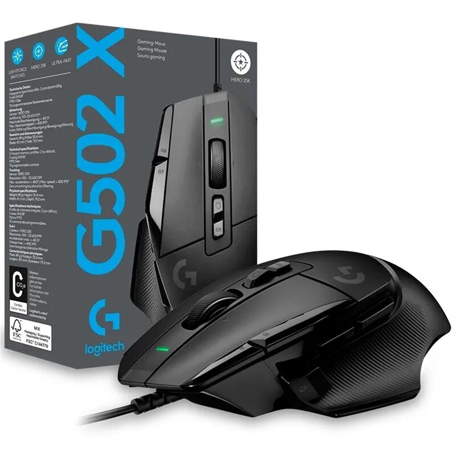 MOUSE GAMER LOGITECH G502 X NEGRO 25K DPI 13 CONTROLES PROGRAMABLES BLACK,